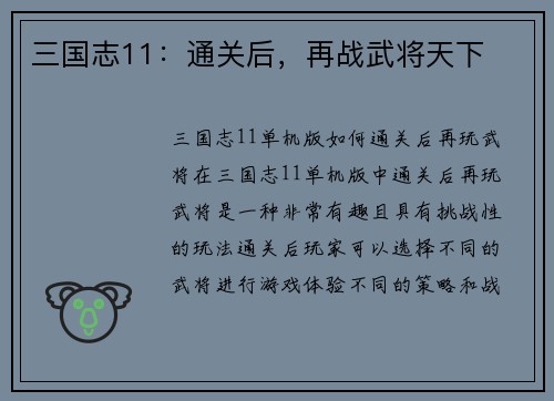 三国志11：通关后，再战武将天下